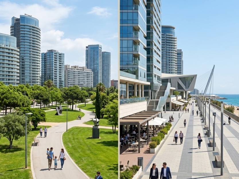 Vistas de las avenidas, parques modernos y rascacielos residenciales en Diagonal Mar, Barcelona